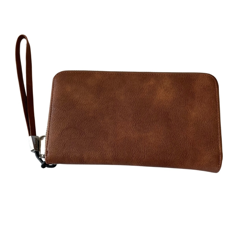 Brown Leather Wallet with Wrist Strap and Modern Design